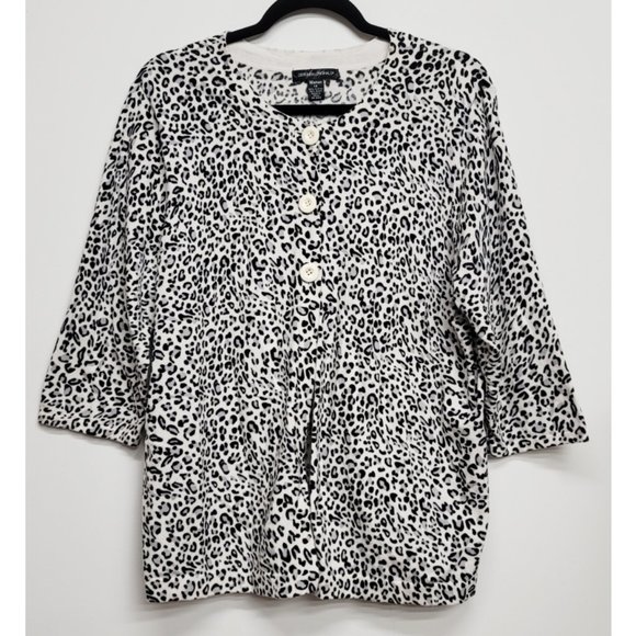 Designers Originals Black White Grey Animal Print 3/4 Sleeve Cardigan 1X - Picture 1 of 6